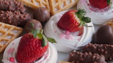 Valentine background. Valentines day concept. Various sweets, waffles with strawberries and chocolates