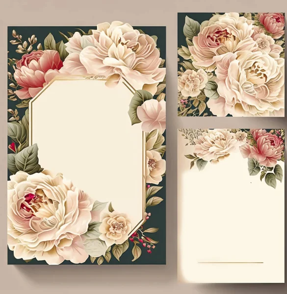 Wedding Invitation Card Template, Invitation Card Poster. Floral wedding invitation, save the date card set. Cream rose flowers, pink peony flower