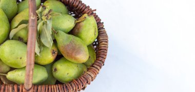 Beyaz arka planda bir sepet yeşil armut. Yukarıdan bak. Armut topluyorum. Pankart