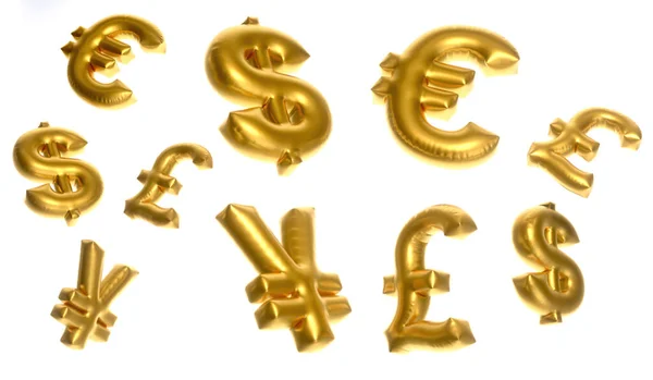 Illustrazione Palloncini Gonfiati Che Rappresentano Simboli Delle Principali Valute Mondiali — Foto Stock