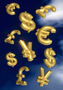 Dünya para birimlerinin sembollerini temsil eden şişmiş balonların gökyüzü arka planında yüzen 3D çizimi