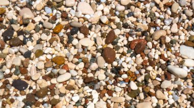 Akdeniz sahillerine dağılmış çakıl taşlarının yakın çekim görüntüsü, akıntı suyundan ıslanmış.