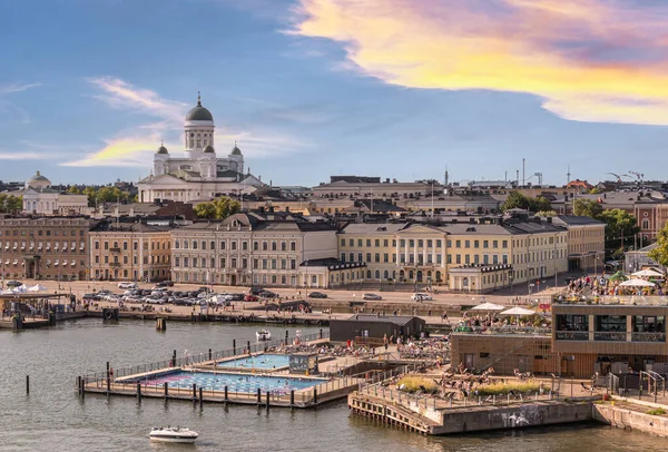 Helsinki Finland July 2022 White Cathedral Green Domes Towers Port — Stock Photo, Image