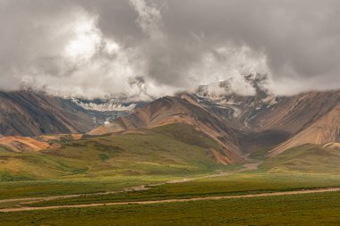 Denali Park, Alaska, ABD - 25 Temmuz 2011: Gri bulutlar altında geniş bir manzara. Kara kayalık dağlarda kar ve buzullar ve yarı kuru kıvrımlı nehir yatakları tarafından kesilen yeşil tundra.