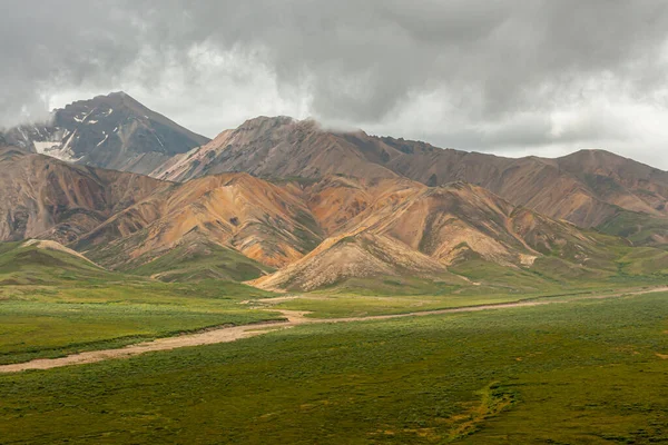 2011年7月25日 アラスカ州デナリ公園 2つの半乾燥河川の緑のツンドラへの影響 暗褐色や淡褐色の山々の上に濃い灰色の雲景 — ストック写真