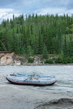 Denali Park, Alaska, ABD - 24 Temmuz 2011: Nenana Nehri üzerinde rafting. Alaska Raft botları Nenana çakıl taşı kıyılarında kıyıya vurmuş, arkasında da yeşil ormanlık dağ kanadı var. Gri su, mavi bulut