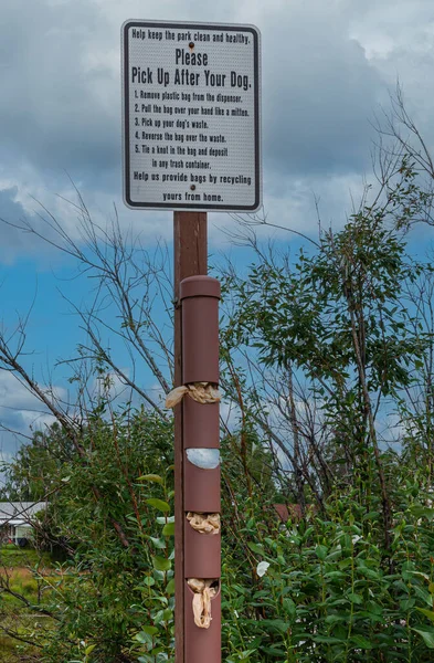 美国阿拉斯加州费尔班克斯 2011年7月27日 白色标志上的黑色封印阅读了 在你的狗之后拾起 的规则 并提供了用棕色金属杆设置的塑料袋 蓝云和绿叶 — 图库照片