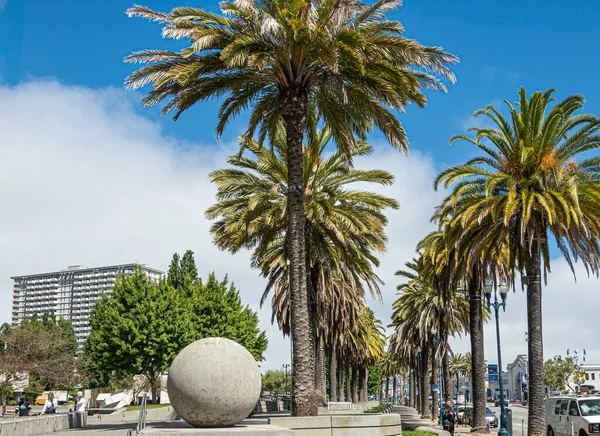 stock image San Francisco, CA, USA - July 12, 2023: Embarcadero palm tree lane at Market Street with giant concrete globe up front under blue cloudscape. Cars and pedestrians on the plaza