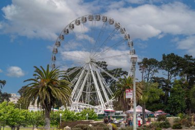 San Francisco, CA, ABD - 12 Temmuz 2023: Mavi bulutların altında Golden Gate Parkı 'nda SkyStar tekerleği. Yeşil yapraklar ve etraftaki insanlar.