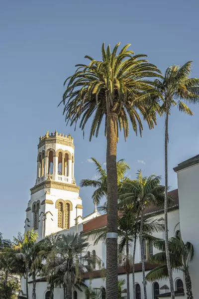 カリフォルニア州サンタバーバラ 2024年1月19日 ソロウズ教会の聖母の塔が青空に照らされた 西のファサードの前に緑のヤシの木の葉 — ストック写真