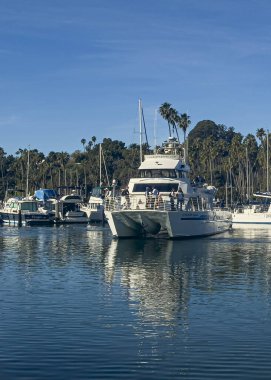 Santa Barbara, CA, ABD - 28 Ocak 2024: Condor Express turistik tekne manevra limanı. Güvertede bir sürü insan var, mavi gökyüzünün altında yeşil yeşillik kuşağı. Diğer tekneler mevcut