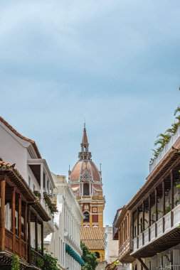 Cartagena, Colombia - July 25, 2023: Cathedral de Santa Catalina de Alejandra. Closeup, Monumental yellow wals, white trims and dome-shaped top of main cathedral tower seen from south clipart
