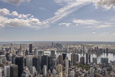 New York, New York, ABD - 2 Ağustos 2023 Newtown Creek ağzının kuzeyindeki Brooklyn kentsel orman kıyısı ve Empire State Binası 'ndan mavi bulutlar altında görünen Manhattan gökdelenleri. 