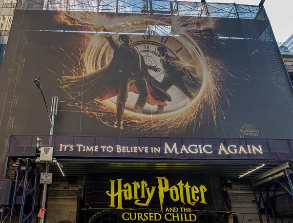 stock image New York, NY, USA - August 2, 2023: Harry Potter and the Cursed Child billboard closeup, on facade of theater off Times Square