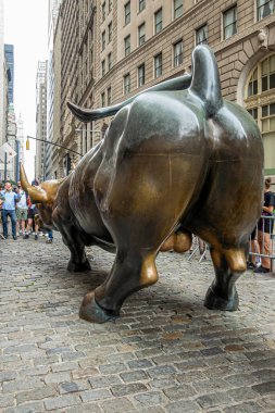New York, New York, ABD - 4 Ağustos 2023: Bowling Green Meydanı 'nda sırtından görülen boğa heykeli. Öndeki insanlar.