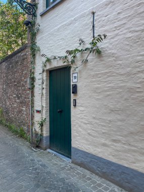Brugge, Flanders, Belçika - 25 Haziran 2024: Eekhoutpoort 20 beyaz cephe, yeşil tırmanma bitkisiyle yeni boyanmış