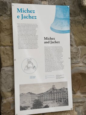 Trieste, Italy - June 27, 2024: Historic San Giusto castle. The Michez e Jachez automatons explained in plain text on poster clipart