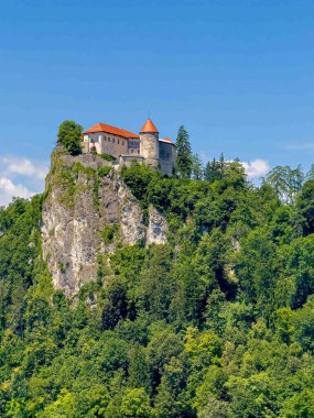 Bled Gölü, Slovenya - 28 Haziran 2024: Kırmızı çatıları ve müzesi, kayanın tepesinde, yeşil orman yapraklarıyla çevrili, mavi bulutların altında..