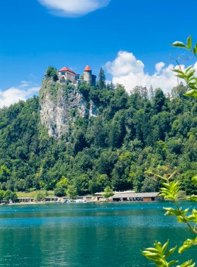 Slovenya 'nın Bled Gölü - 28 Haziran 2024: Şato ve müze, kayaların tepesinde, yeşil ormanlarla çevrili beyaz kayalıklarıyla. Şato Havuzu ve kürek kulübü.