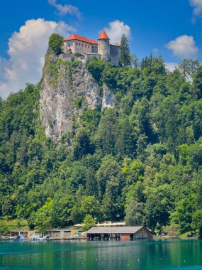 Slovenya 'nın Bled Gölü - 28 Haziran 2024: Şato ve müze, kayaların tepesinde, yeşil ormanlarla çevrili beyaz kayalıklarıyla. Şato Havuzu ve kürek kulübü.