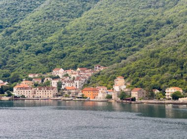 Kotor Körfezi, Karadağ - 2 Temmuz 2024: Körfezin kuzey kıyısında Donji Stoliv cemaati. Su rıhtımına yakın bej kırmızı çatılı evler, yeşil ormanlı dağ yamacıyla destekleniyor.