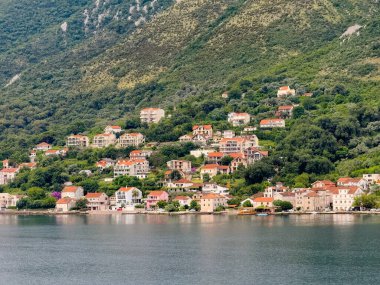 Kotor Körfezi, Karadağ - 2 Temmuz 2024: Donji Stoliv kıyı şeridi, yeşil ormanlık dağ yamacına karşı inşa edilen kırmızı çatılı evler ve rıhtım ve sahil boyunca park edilmiş arabalar.