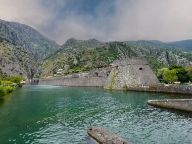 Kotor, Montenegro - July 2, 2024: Ramparts of historic downtown with the NW lookout corner. Green park upfront, mountain range in back under blue cloudscape clipart