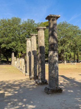 Olympia, Yunanistan - 4 Temmuz 2024: Olimpiyat Oyunlarının doğduğu yer. Antik Spor Salonu 'nun güneyinde. Sıra sıra dizilmiş. Yeşil yeşillik kemeri arkasında ve mavi gökyüzü