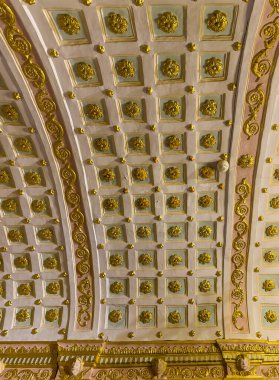 Ajaccio, Korsika, Fransa 8 Temmuz 2024: Katedral Notre-Dame de l 'Assomption, tavanda altın çiçeklerden oluşan kare şebeke