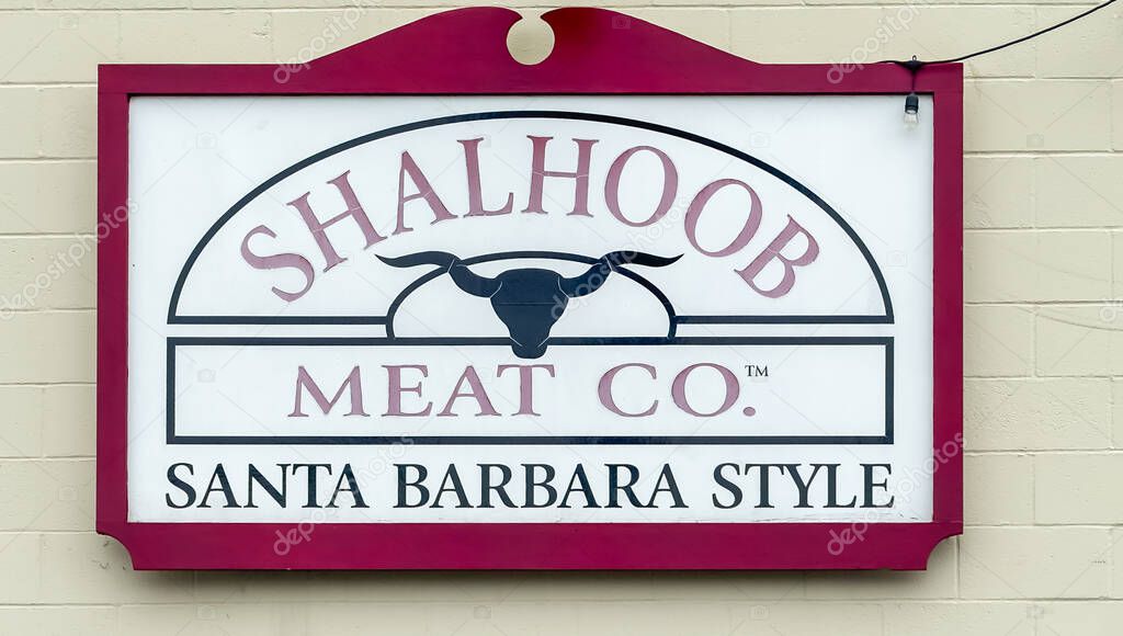 Santa Barbara, California, USA - May 17, 2025: the Funk Zone. Shalhoob Meat Company emblem on wall closeup