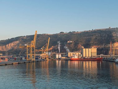Barcelona, İspanya - 11 Temmuz 2024: Bunge Iberica tankları ve siloları Coma I Ribas Liman Terminalinde. Fossat de Santa Eulalia Duvarı yeşil tepede