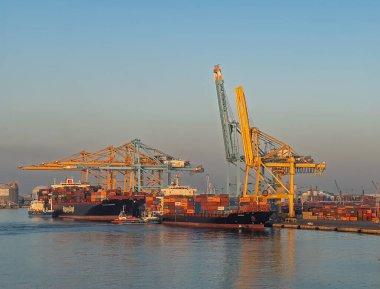 Barselona, İspanya - 11 Temmuz 2024: APM konteyner terminali güneş ışığı altında dev vinçleri ve konteyner kutuları ile birlikte limanda gün doğumunda. Hapag-Lloyd gemisi kenetlendi ve tamir edildi.