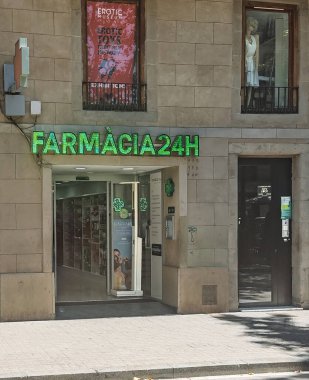 Barselona, İspanya - 11 Temmuz 2024 Las Ramblas manzarası. La Rambla de Sant Josep. Erotik Müzenin altındaki çiftliğe giriş.