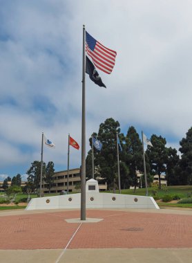 Ventura, California, USA - September 20, 2025: Ventura County Government Center. Veterans Memorial honoring 5 different military branches with each their flag and seal: army, air force, navy, marines, coast guard,