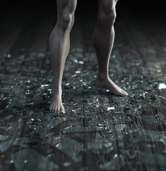 壊れたガラスの裸足で歩く女古いダスティ木製の床ボード心理的虐待隠喩精神衛生不安3Dイラストレンダリング — ストック写真