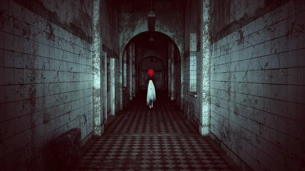 Floating Ghost Child in a Derelict Asylum with a Red Balloon Halloween Dark Film Grain Analogue Aesthetic Gothic Building with Ghost Hunters Camera Flash 3d illustration render