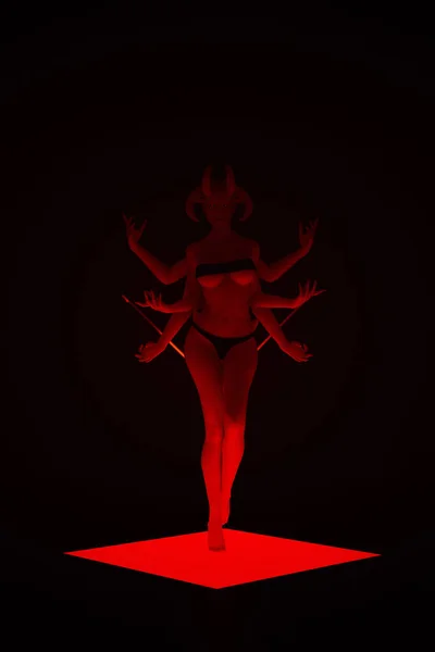 Rojo Diablo Mujer Elegante Atractivo Baile Demonio Cuernos Ciencia Ficción — Foto de Stock