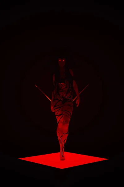 Red Voodoo Witch Doctor Woman Elegant Witchcraft Dancing Demon Horns — стоковое фото