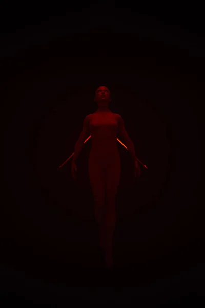 红色恶魔舞怪胎亚洲女人飘浮在半空中闪闪的眼睛3D图解 — 图库照片