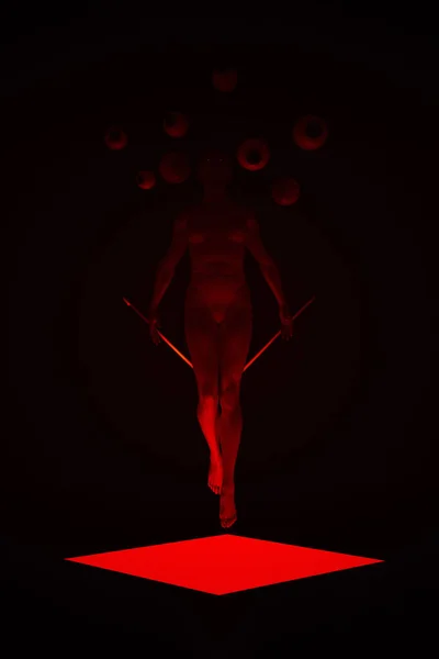 Red Paranormal Occult Woman with Glowing Eyes Floating Mid Air with Large Disembodied Eyeballs Summoned Demon 3d illustration render