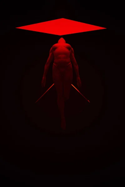 红色的超自然女性带着发光的传送门魔鬼崇拜飘浮在神秘的占有中被召唤的恶魔3D图解 — 图库照片