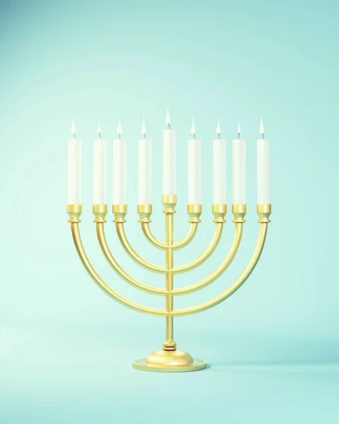 Hanukkah Gold Menorah Festival Lights Nove Candele Bianche Fiamma Bianca — Foto Stock