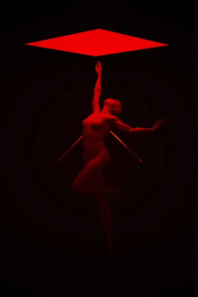 Red Paranormal Ballet Woman Floating Occult Dancing with Glowing Portal Gateway 3d illustration render