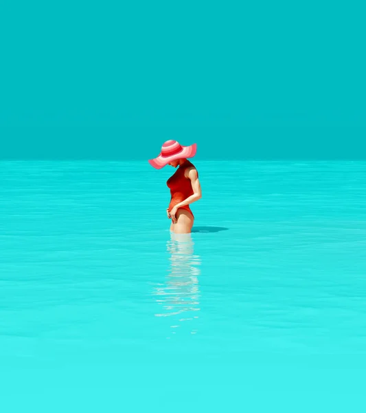 Женщина Розовой Красной Шляпе Купальник Бирюзовый Голубой Океан Рождество Летний — стоковое фото