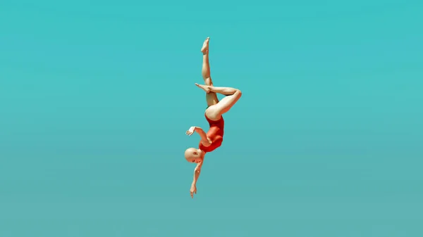 Woman Jumping Diving Arm Out Stretched Sunny Blue Turquoise Sky Pink Springboard Swimsuit Diving Aquatic Sport 3d illustration render