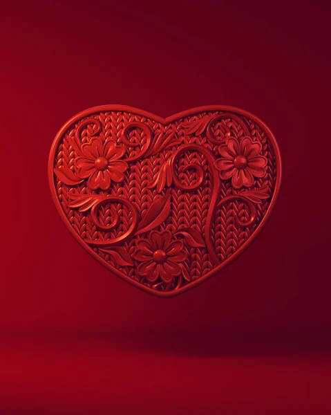 红色华丽情人节的心与花朵情人节的爱的象征红色背景3D插图渲染 — 图库照片