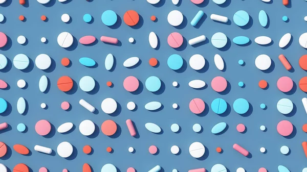 Tabletták Tabletták Gyógyszer Fehér Rózsaszín Vörös Kék Függőleges Nagy Lapos — Stock Fotó