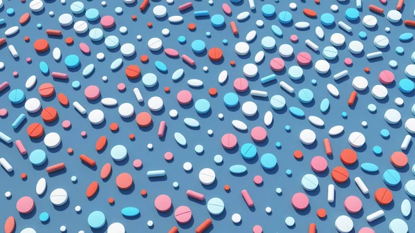 錠剤薬ホワイトピンクレッドブルー垂直フラットレイ製薬ヘルスケアパターン精神健康バナー背景3Dイラストレンダリング — ストック写真