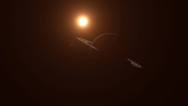 リングと月の深宇宙探査を持つエイリアン惑星オレンジレッドスターダークサイド3Dイラストレンダリング — ストック写真