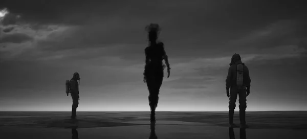 Smoke Shadow Spirit Sylwetka Duża Tajemnicza Kobieta Przemierzająca Plażę Mężczyźni — Zdjęcie stockowe